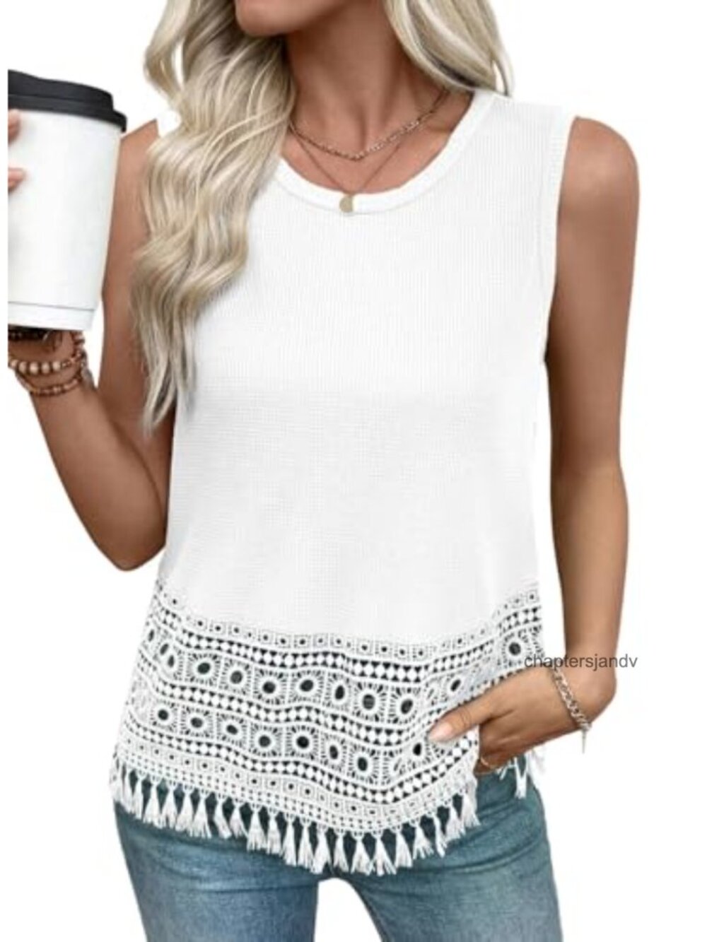 Women's Boho Waffle Knit Crochet Lace Tank Top Sleeveless Summer Tassel